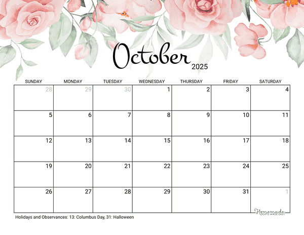 October Calendar 2025 Printable Rose