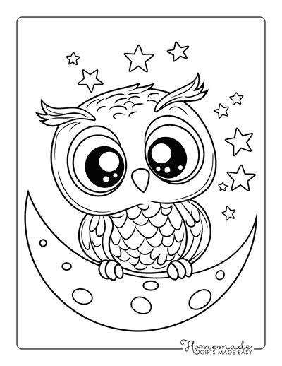 Owl Coloring Pages Easy Cute Owl Perched on Crescent Moon