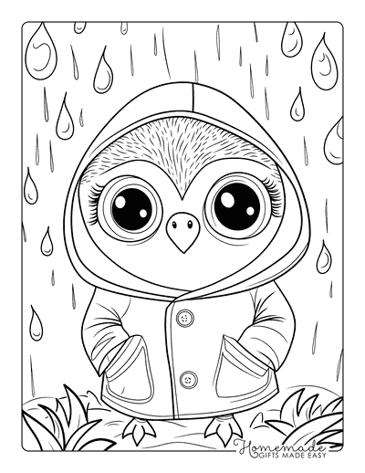 Owl Coloring Pages Easy Cute Owl Wearing Raincoat in Rain