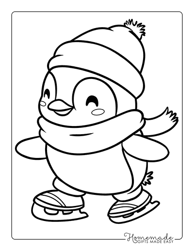 Penguin Coloring Pages Cute Ice Skating Penguin