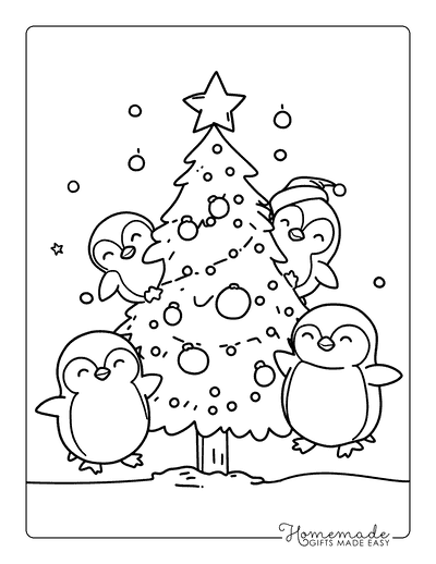 Penguin Coloring Pages Cute Penguin Family Decorating Tree