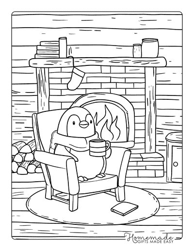 Penguin Coloring Pages Penguin Relaxing Fireplace