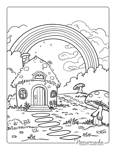 Rainbow Coloring Pages Cutesy Fairytale Rainbow Over Cottage