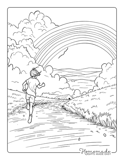 Rainbow Coloring Pages Person Running Toward Rainbow