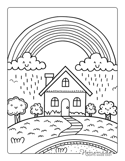 Rainbow Coloring Pages Rainbow Over House Doodle