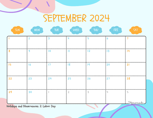 September 2024 Calendars Cute and Colorful Soft