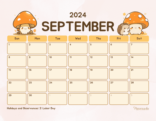 September 2024 Calendars Cute Orange Mushroom