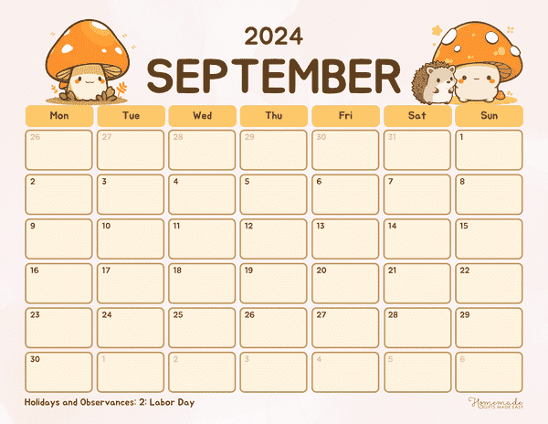 September 2024 Calendars Cute Orange Mushroom Monday Start
