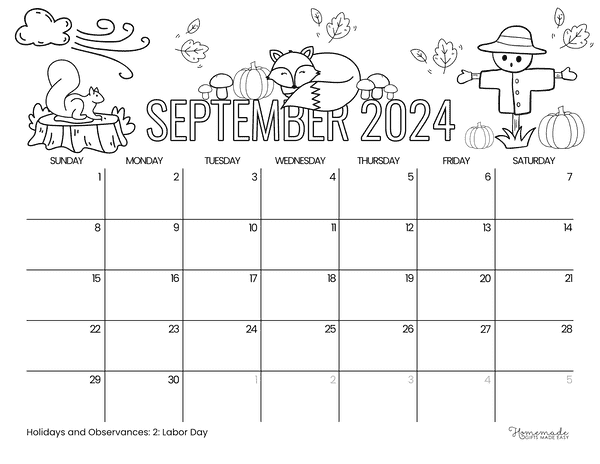 September 2024 Calendars Fall Harvest to Color