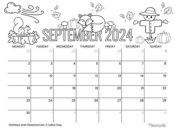 September 2024 Calendars Fall Harvest to Color Monday Start