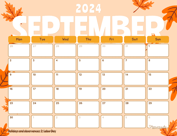 September 2024 Calendars Floating Autumn Leaves Monday Start
