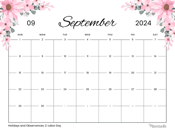 September 2024 Calendars Flowery Minimalist