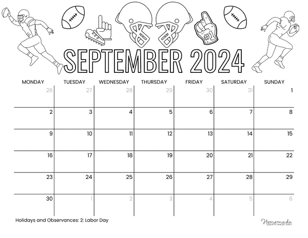 September 2024 Calendars Football Season to Color Monday Start
