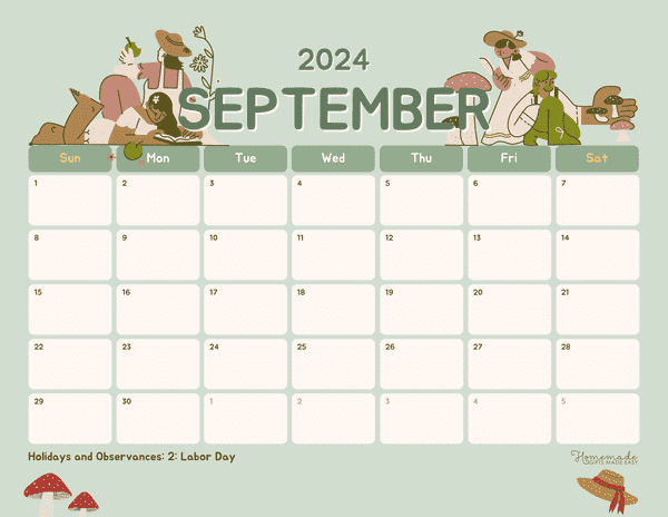 September 2024 Calendars Green Cottagecore