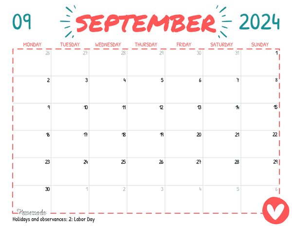 September 2024 Calendars Simple Playful Monday Start