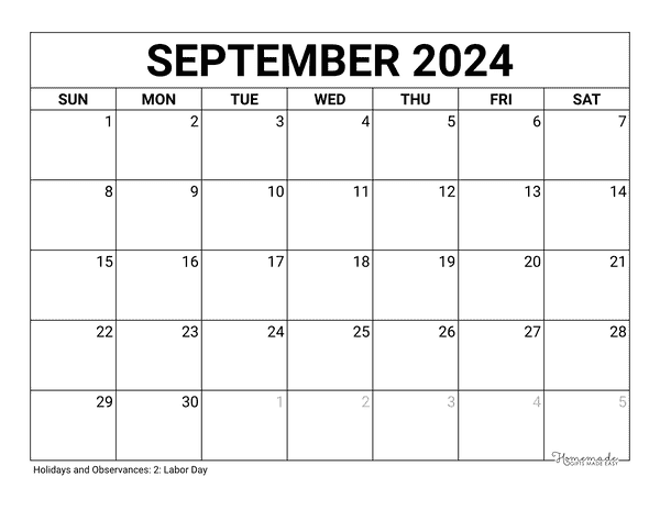 September Calendar 2024 Printable Blank
