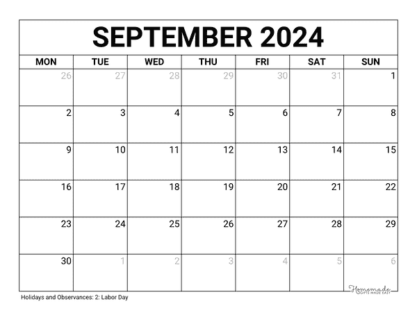 September Calendar 2024 Printable Blank Monday Start