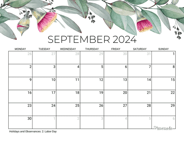 September Calendar 2024 Printable Eucalyptus Monday Start
