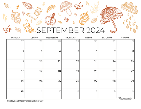 September Calendar 2024 Printable Fall Landscape Monday Start