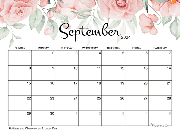 september Calendar 2024 Printable Rose