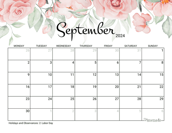 September Calendar 2024 Printable Rose Monday Start