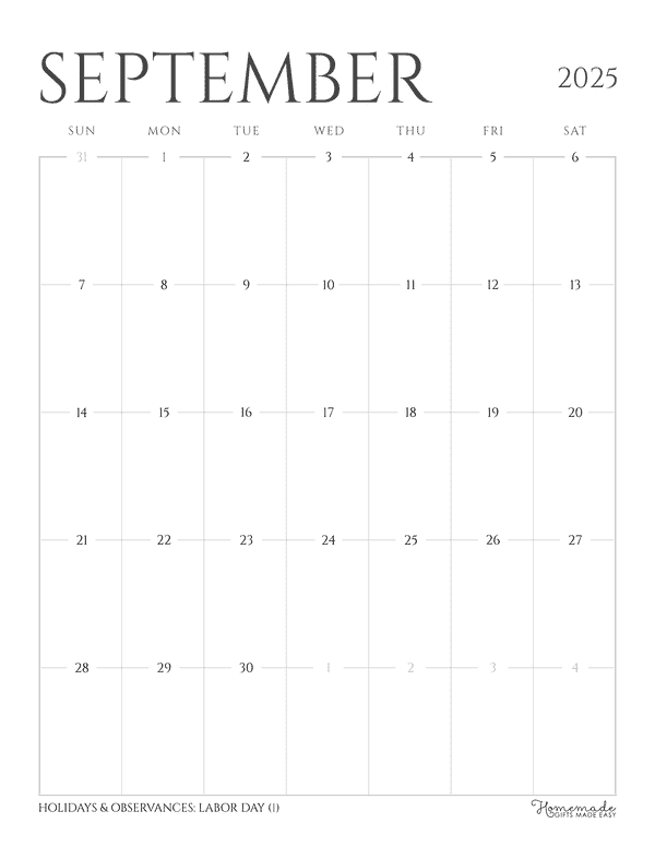 September Calendar 2025 Grayscale Minimalist Portrait