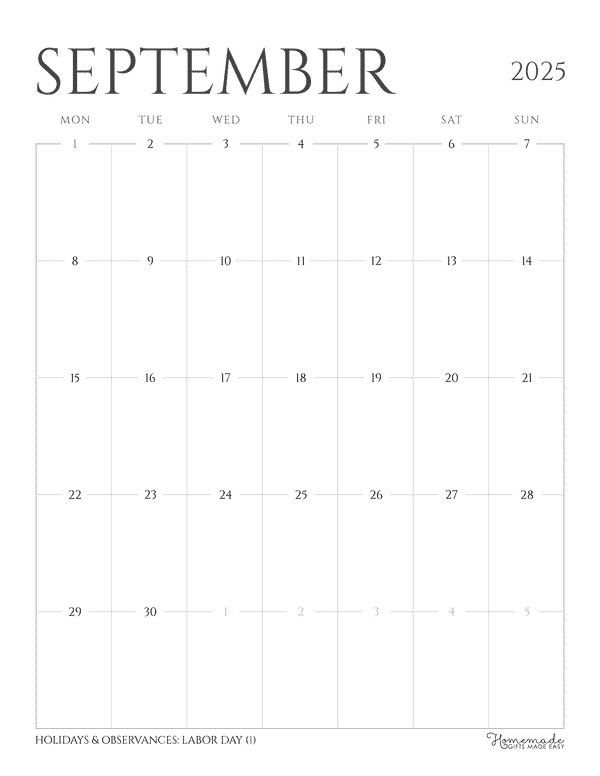 September Calendar 2025 Grayscale Minimalist Portrait Mon Start