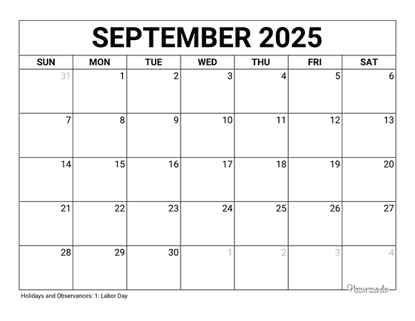 September Calendar 2025 Printable Blank
