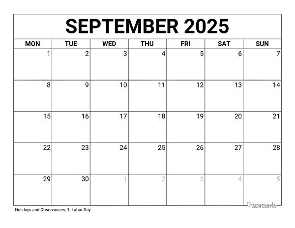 September Calendar 2025 Printable Blank Monday Start