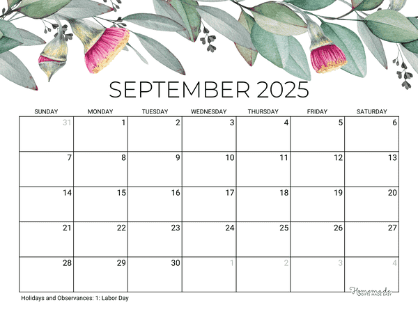 September Calendar 2025 Printable Eucalyptus