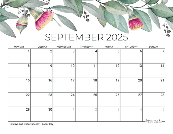 September Calendar 2025 Printable Eucalyptus Monday Start