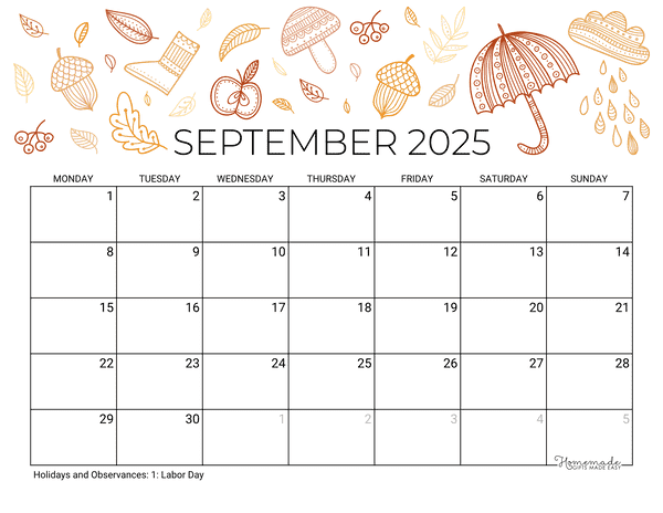 September Calendar 2025 Printable Fall Landscape Monday Start