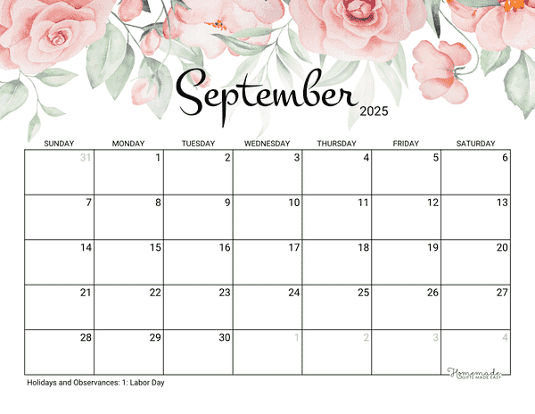September Calendar 2025 Printable Rose