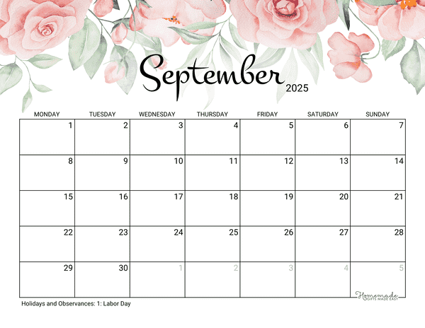 September Calendar 2025 Printable Rose Monday Start