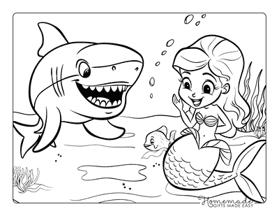 Shark Coloring Pages Cartoon Shark and Mermaid Laughing