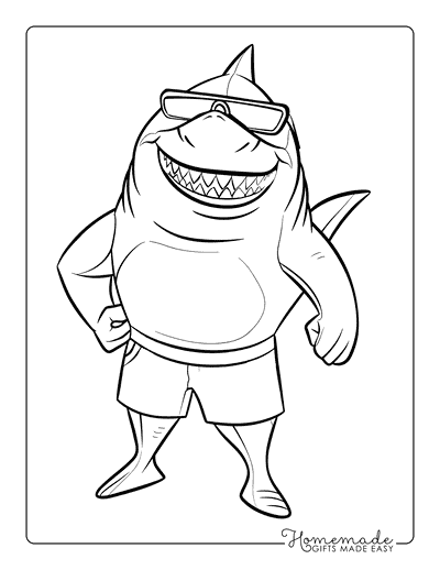 Shark Coloring Pages Cartoon Shark Wearing Swim Trunks