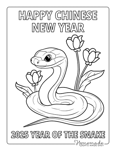 Snake Coloring Pages Cartoon Snake and Flowers New Year