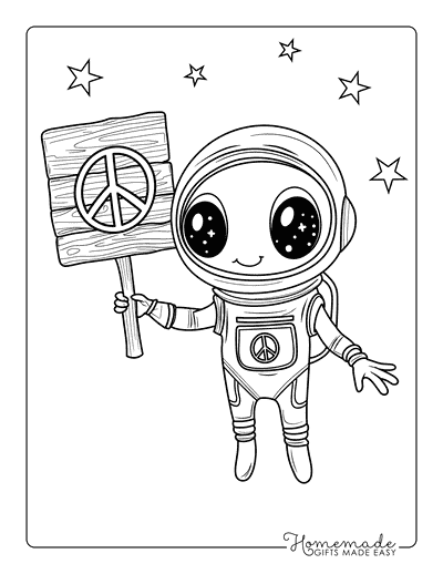 Space Coloring Pages Easy Cute Alien Peace Sign