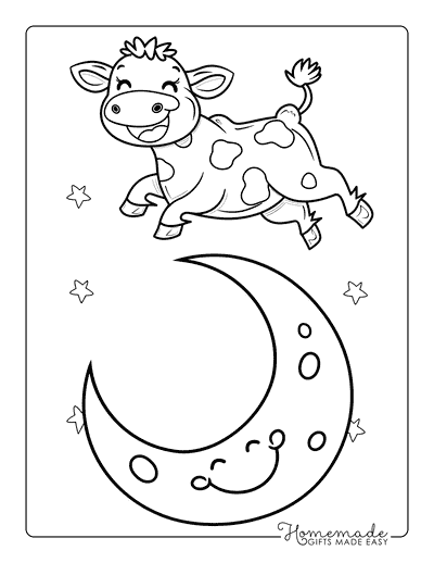 Space Coloring Pages Easy Cute Cow Jumping Over Moon