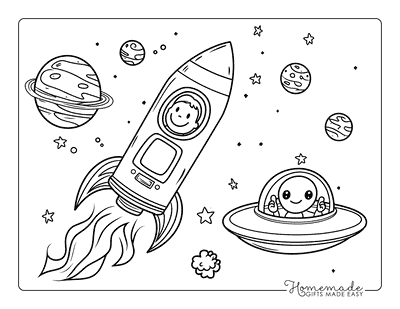 Space Coloring Pages Easy Cute Rocket Ship Alien Racing