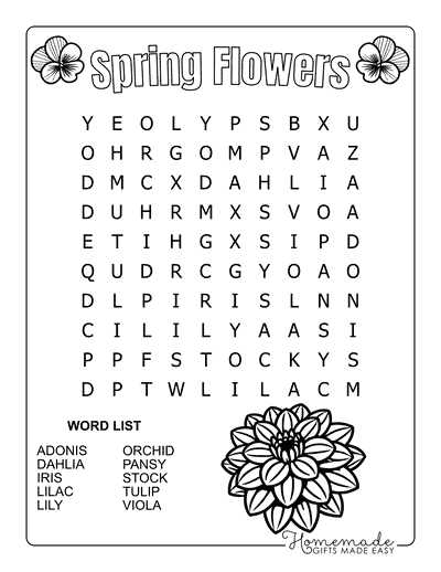 Spring Word Search Flowers Easy