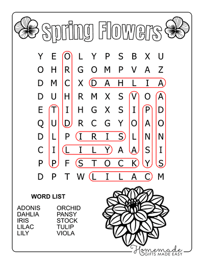 Spring Word Search Flowers Easy Solutions