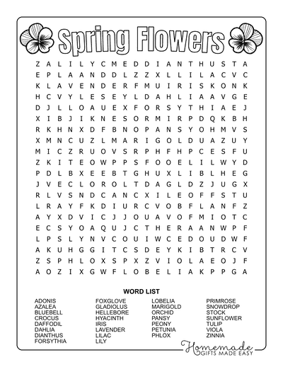 Spring Word Search Flowers Hard