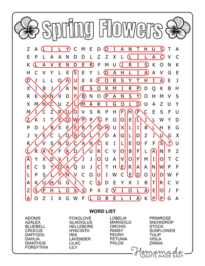 Spring Word Search Flowers Hard Solutions