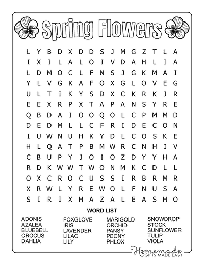 Spring Word Search Flowers Medium