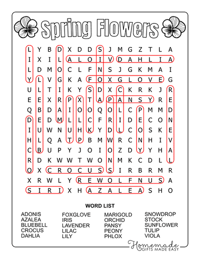 Spring Word Search Flowers Medium Solutions