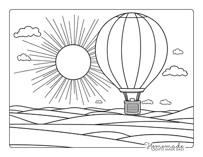 Sun Coloring Pages Easy Sunset Over Rolling Hills Hot Air Balloon