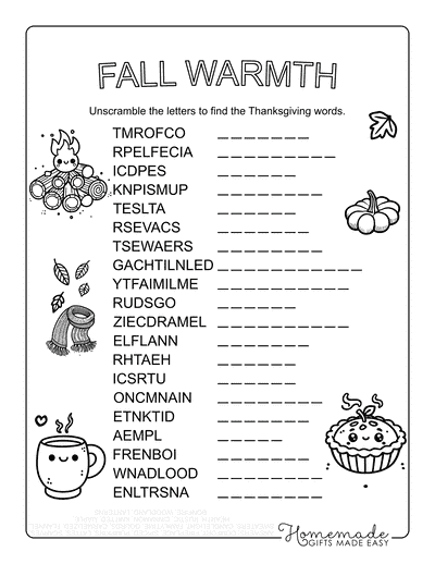 Thanksgiving Word Scramble Fall Warmth Hard