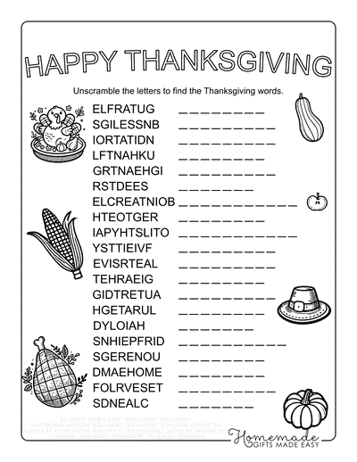 Thanksgiving Word Scramble Happy Thanksgiving Hard