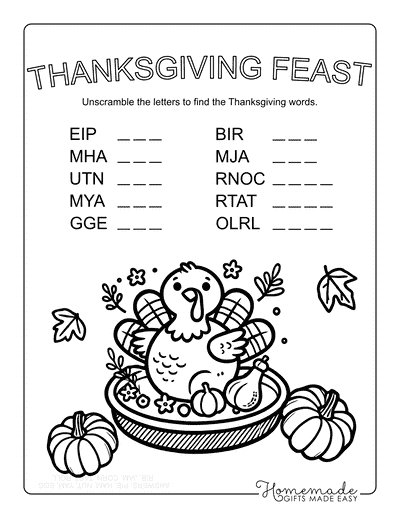 Free Printable Thanksgiving Word Scramble PDFs